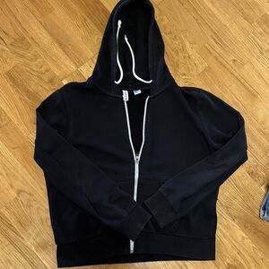 Divided Black Zip-Up Hoodie with White Drawstrings